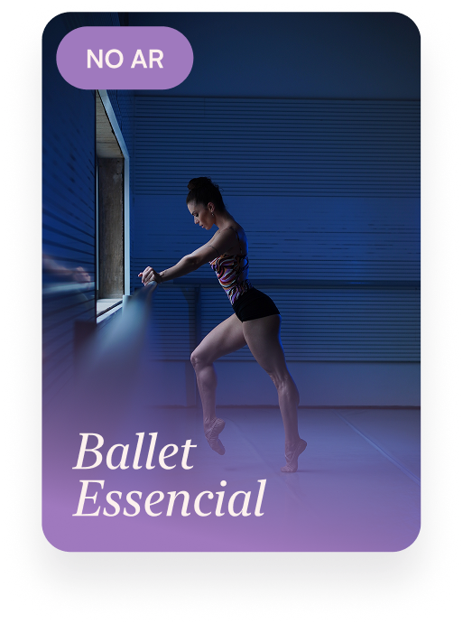 Capa do módulo Ballet Essencial do Método Bodydance Progress, com o selo "No ar": Renata Bardazzi de perfil na barra, junto à janela, na ponta dos pés e com um joelho dobrado