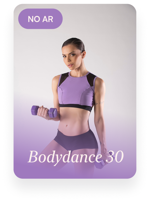 Capa do programa Bodydance 30, da Rotina Bodydance no Método Bodydance Progress, com o selo "No ar": Renata Bardazzi de top lilás, fazendo um exercício de braço com halteres