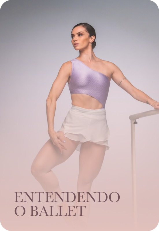 Capa do módulo 1 do Ballet é Alma, Entendendo o Ballet, com Renata Bardazzi de top lilás e saia branca, em pé com uma das mãos na barra