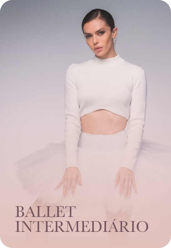 Capa do módulo 5 do Ballet é Alma, Ballet intermediário, com Renata Bardazzi de blusa branca e tutu, de frente para a câmera