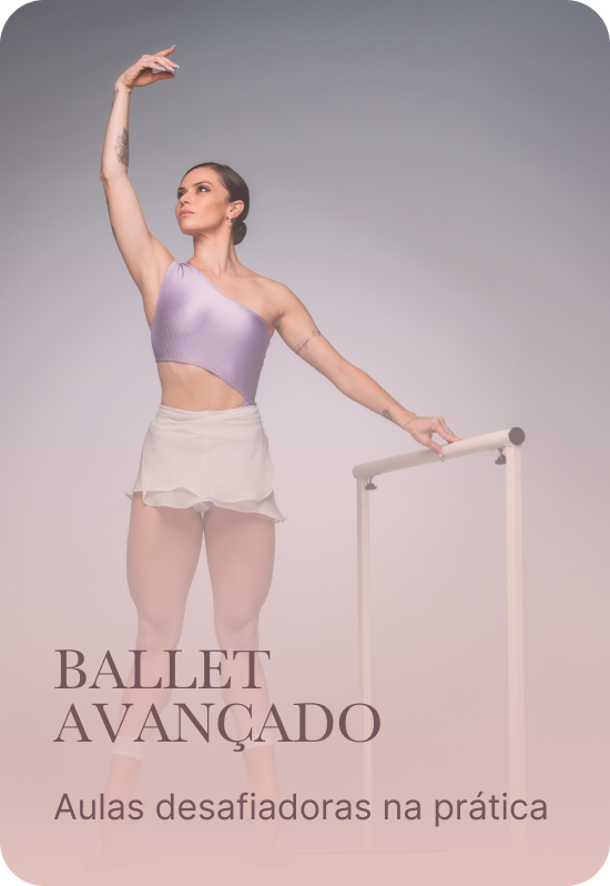 Capa do módulo 7 do Ballet é Alma, Ballet avançado, aulas desafiadoras na prática, com Renata Bardazzi de top lilás, um braço erguido e a outra mão na barra