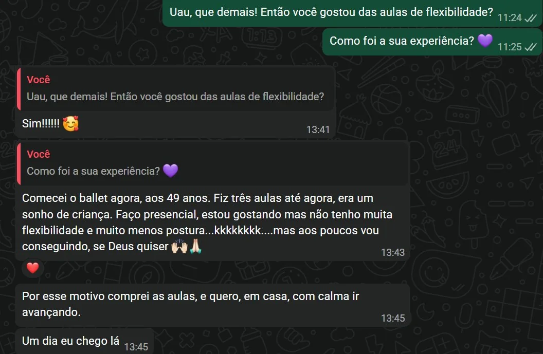 Aluna conta que começou ballet aos 49 e comprou as aulas para fazer em casa