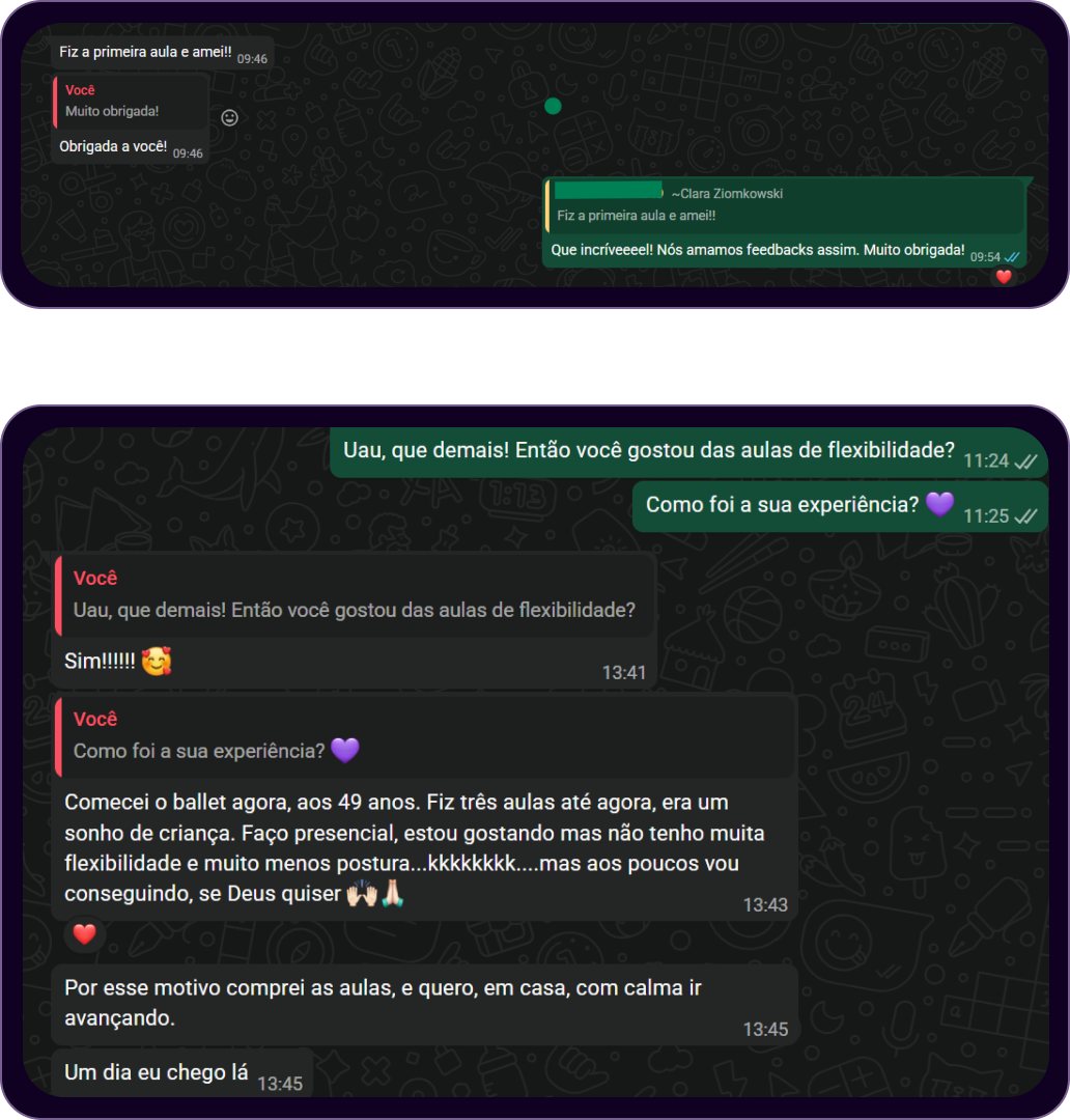 Depoimentos de alunas da Renata Bardazzi no WhatsApp. Clara: "Fiz a primeira aula e amei!!" Outra aluna, das aulas de flexibilidade: "Comecei o Ballet agora, aos 49 anos... era um sonho de criança. Faço presencial... comprei as aulas, e quero, em casa, com calma ir avançando."