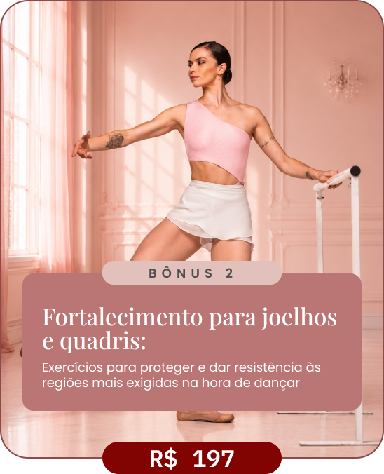 Bônus 2: Fortalecimento para joelhos e quadris, com exercícios para dar resistência às regiões mais exigidas na hora de dançar. Valor: R$ 197. Na foto, Renata Bardazzi ao lado da barra, com os braços abertos