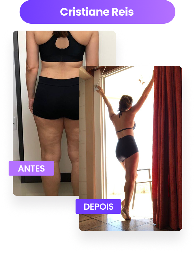Antes e depois de Cristiane, aluna do Bodydance Progress: duas fotos de costas, a primeira de top e short pretos junto a uma porta, a segunda com os braços erguidos na porta de uma varanda
