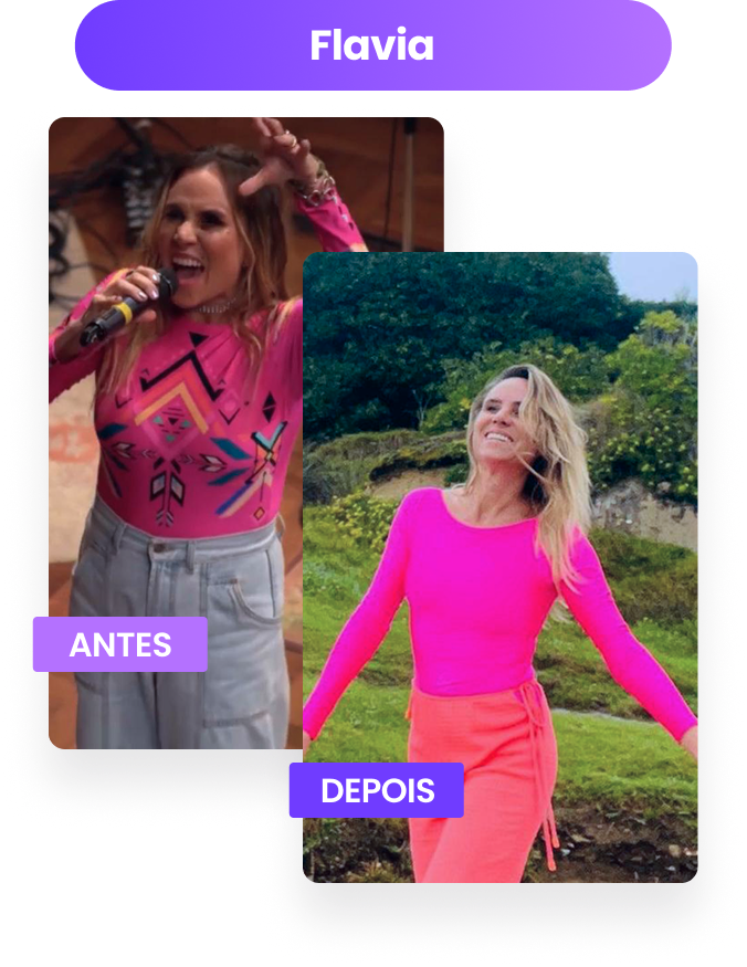 Antes e depois de Flávia, aluna do Bodydance Progress: antes, num palco, de body rosa estampado e jeans, segurando um microfone; depois, sorrindo de braços abertos num jardim, de roupa rosa