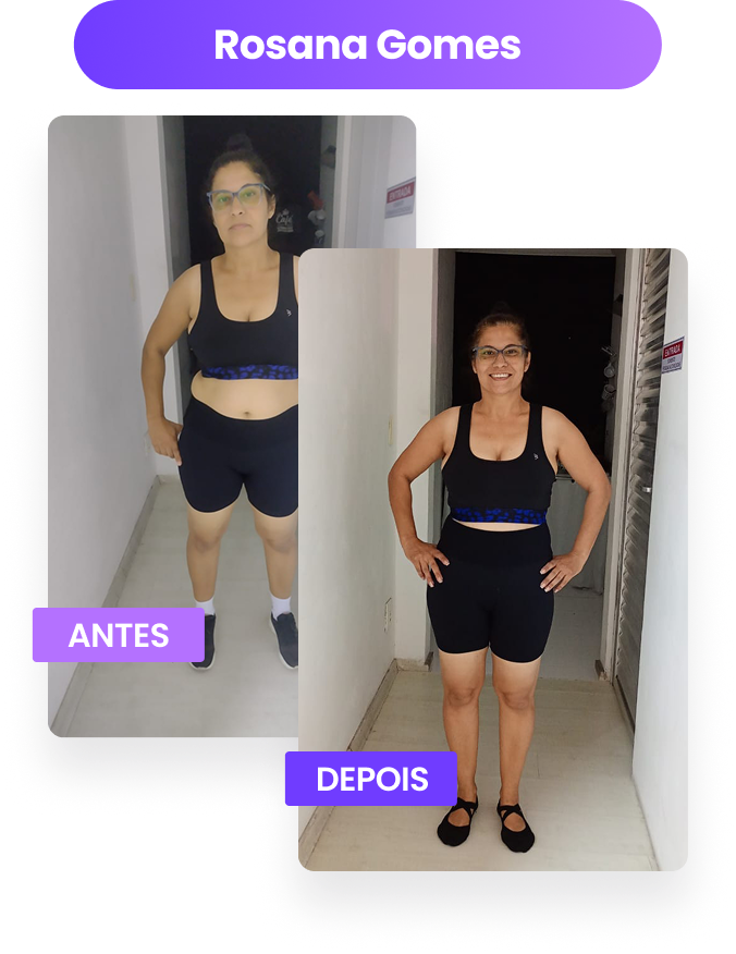 Antes e depois de Rosana, aluna do Bodydance Progress: duas fotos de frente no mesmo corredor, de top e bermuda pretos; na segunda ela sorri, com as mãos na cintura e sapatilhas nos pés