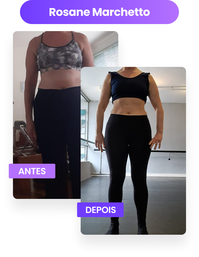 Antes e depois de Rosane, aluna do Bodydance Progress: duas fotos de frente, do pescoço para baixo, de top e legging pretos; a segunda numa sala de dança com barra