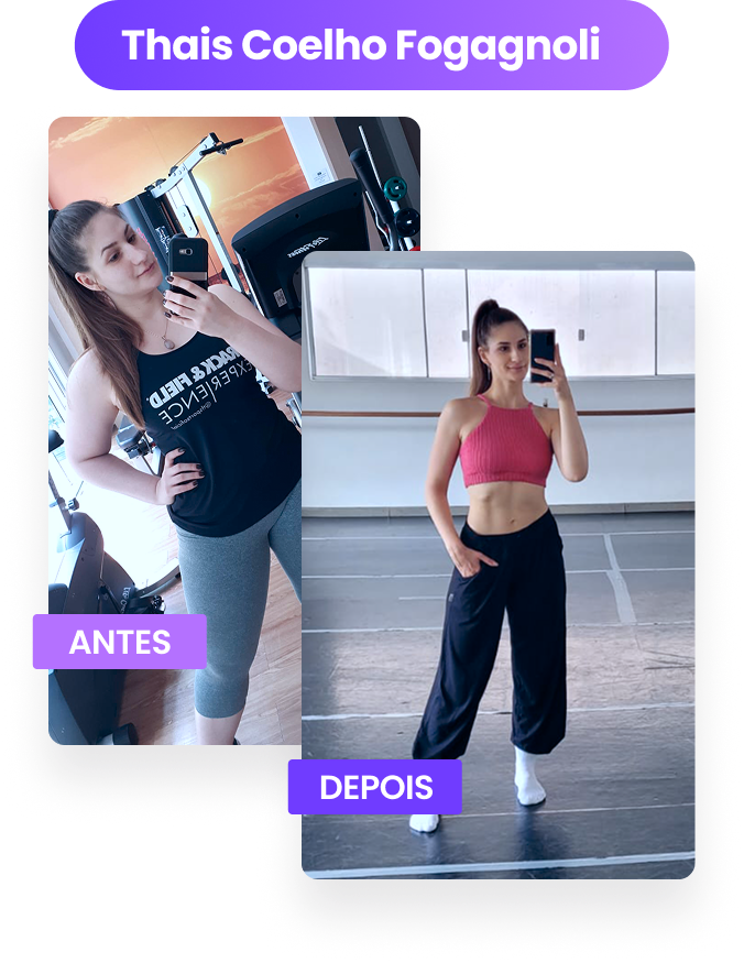 Antes e depois de Thais, aluna do Bodydance Progress: antes, selfie no espelho de uma academia, de regata e legging; depois, selfie no espelho de uma sala de dança, de top rosa e calça preta