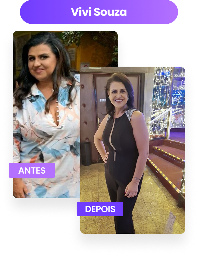 Antes e depois de Vivi, aluna do Bodydance Progress: antes, de blusa estampada com flores; depois, sorrindo de macacão preto, com a mão na cintura, num salão com luzes de festa