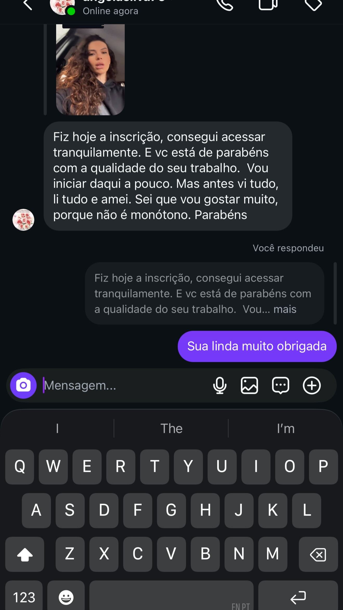 Direct de aluna no Instagram: fiz hoje a inscrição, consegui acessar tranquilamente, vi tudo, li tudo e amei, não é monótono