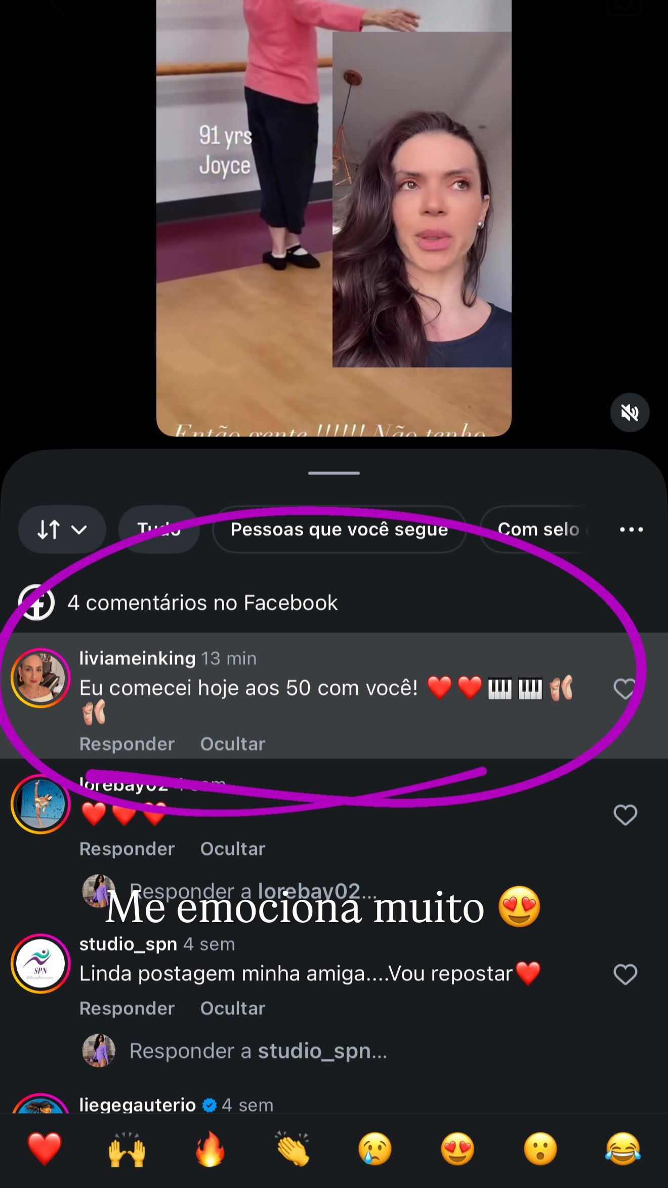 Comentário público no Instagram: eu comecei hoje aos 50 com você