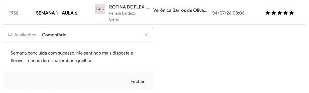 Avaliação de aula da Verônica: me sentindo mais disposta e flexível, menos dores na lombar e joelhos
