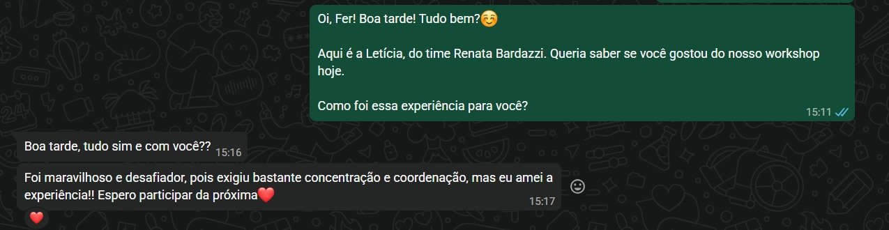 Print original do depoimento de Fer no WhatsApp sobre o workshop de abril.