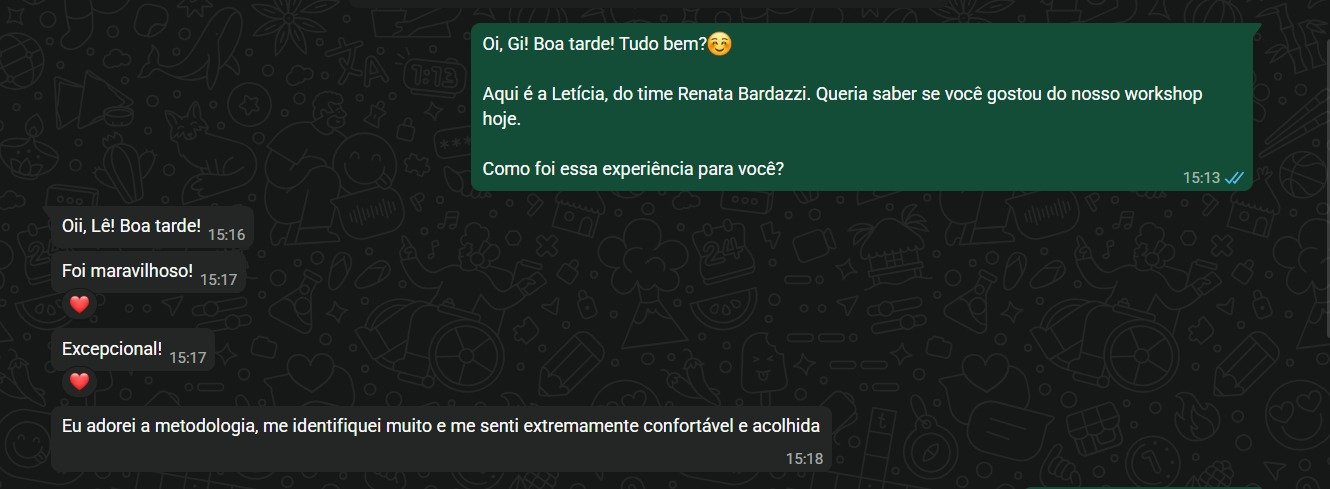 Print original do depoimento de Gi no WhatsApp sobre o workshop de abril.