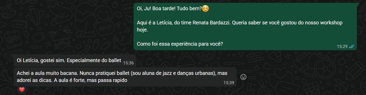 Print original do depoimento de Ju no WhatsApp sobre o workshop de abril.