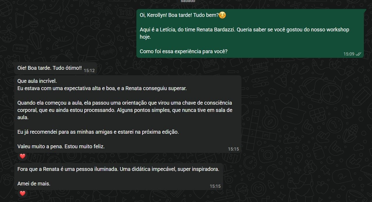 Print original do depoimento de Kerollyn no WhatsApp sobre o workshop de abril.