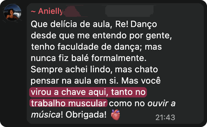 Mensagem da Anielly: você virou a chave no trabalho muscular