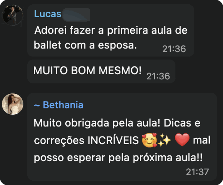 Mensagens de dois alunos elogiando a primeira aula de ballet